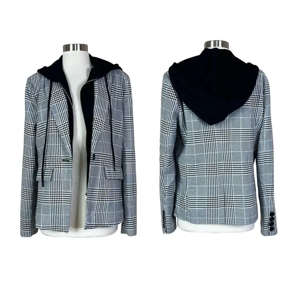 Evereve | Park Avenue Hoodie Dickie Black White Grey Plaid Blazer Jacket Large L - Picture 9 of 9
